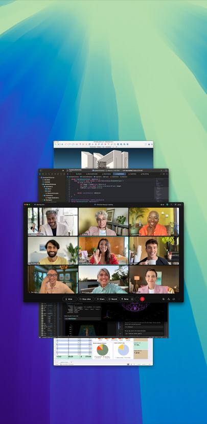 Various apps open and layered on each other. The app in the forefront is a Zoom call with several participants.