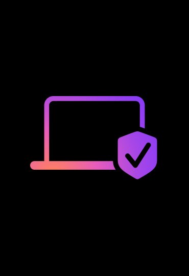 A line drawing of a MacBook in shades of pink that get darker from left to right, a shield with a check mark in front to represent the security of Mac