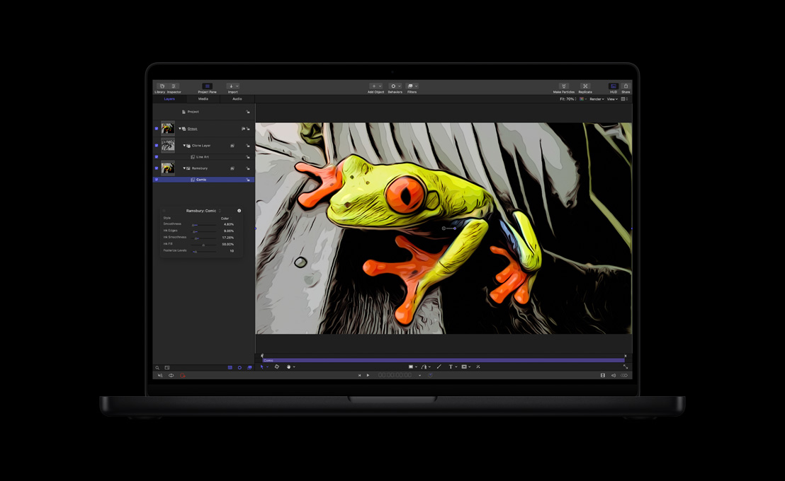 MacBook Pro 16, photo of green frog being converted to an illustration