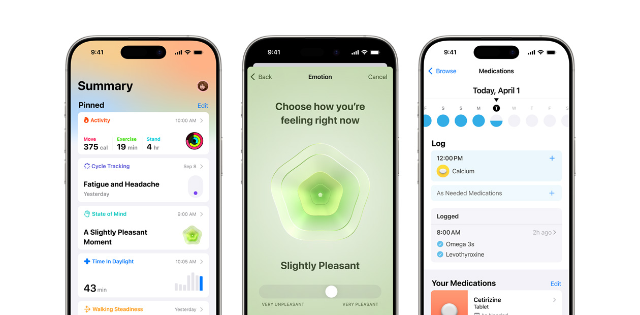 Drei iPhone Geräte, auf denen die Apple Health App angezeigt wird.
