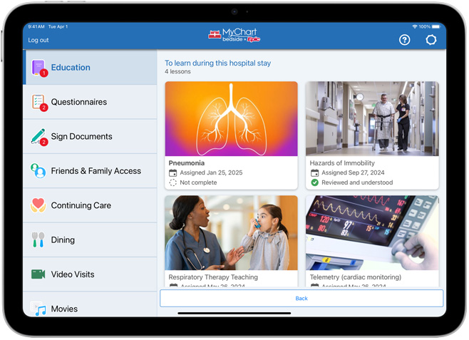 軟件顯示 Epic MyChart Bedside。