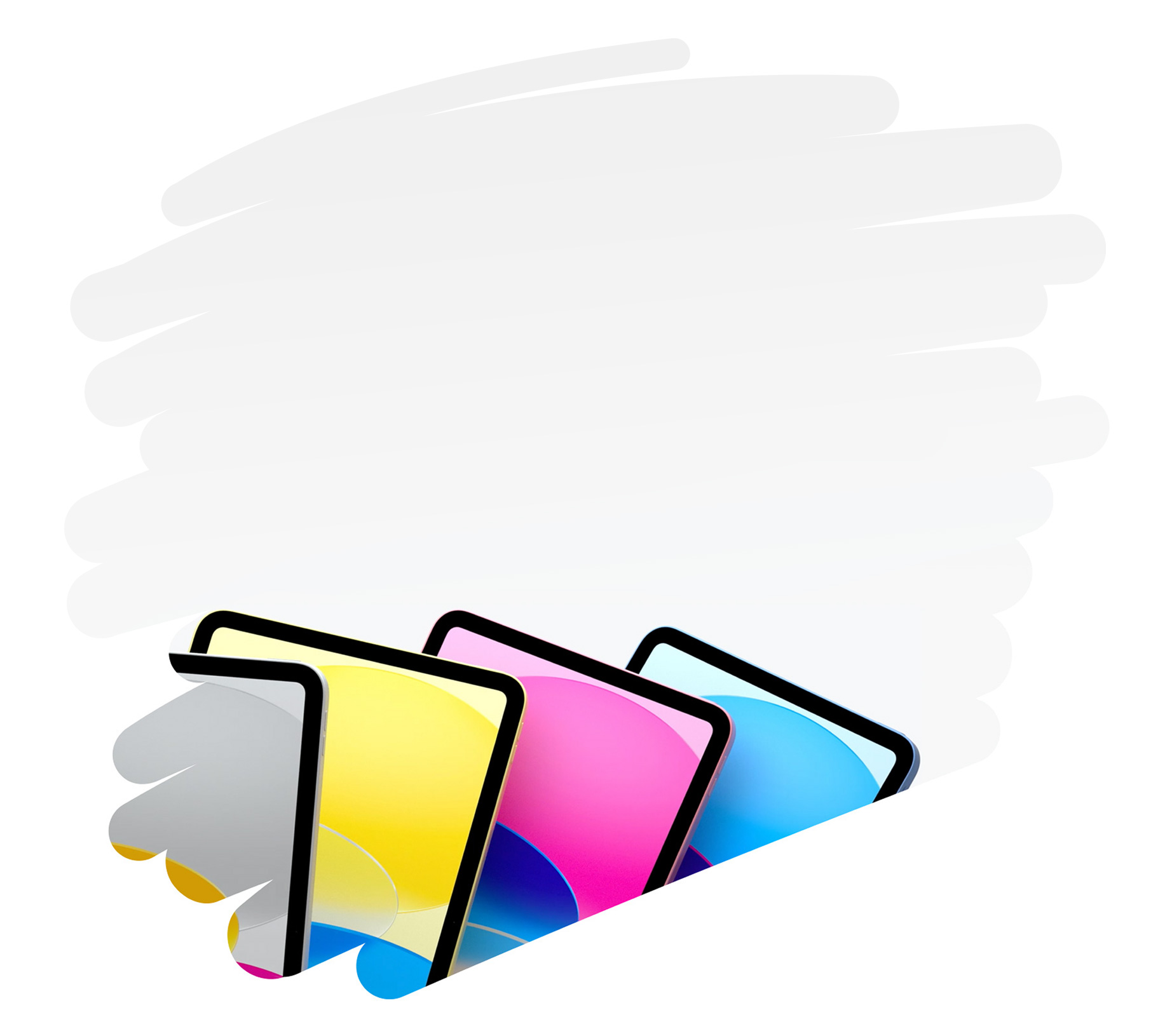 Colourful iPad models are shown inside a large pencil stroke on the page.