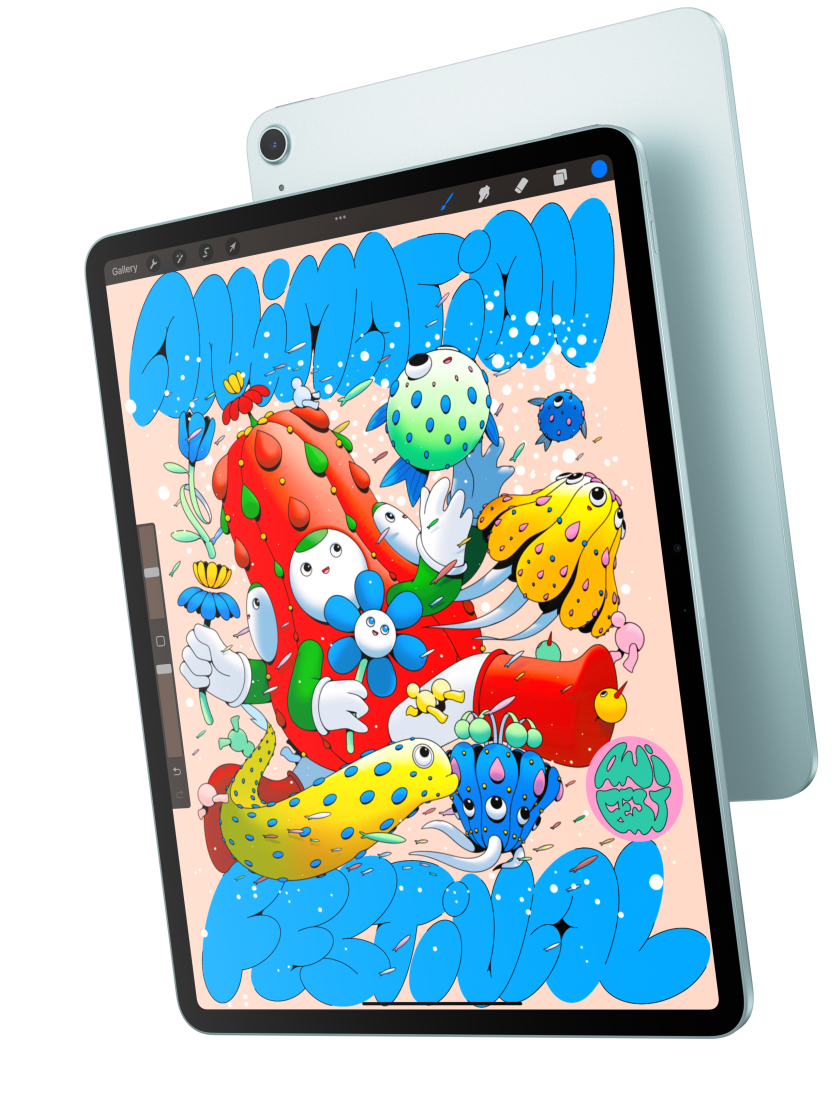 Front exterior, iPad Air showcasing the 13 inch model displaying Procreate, and overlapping the back exterior of a blue iPad Air
