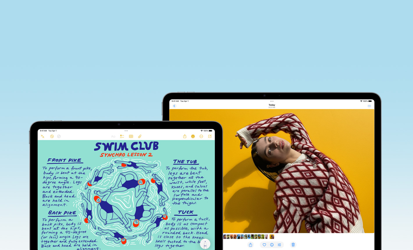 Front exterior of 11 inch iPad Air displaying Notes and 13 inch iPad Air displaying Photos to showcase the different display sizes