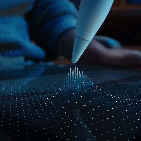 Animatie van Apple Pencil Pro in de kleur wit, de punt zweeft boven een iPad-display met een raster van stippen waarvan sommige in kolommen richting de punt van Apple Pencil Pro oplopen