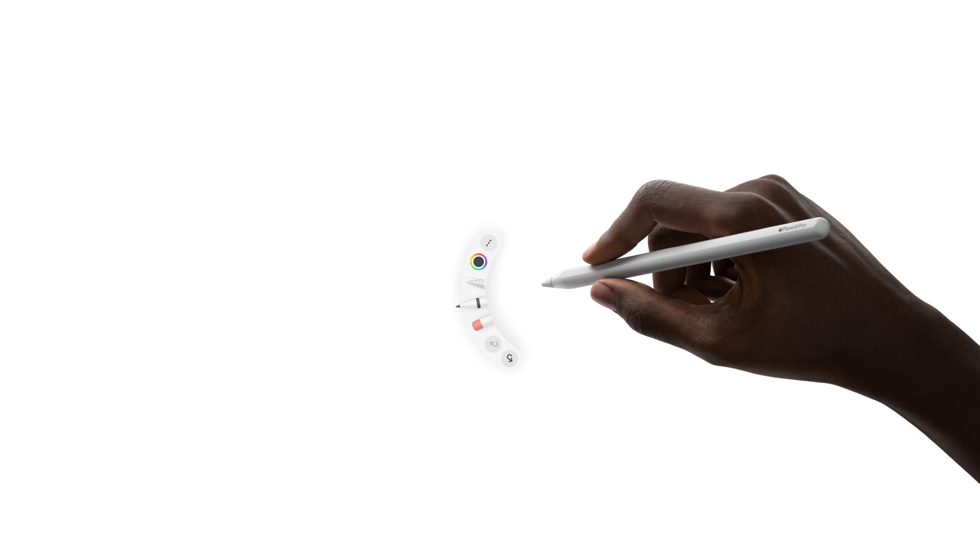 Vooraanzicht van iPad Pro in horizontale stand, animatie van een hand die Apple Pencil Pro vasthoudt, Knijpen brengt een palet met tools onder de punt van de Apple Pencil tevoorschijn
