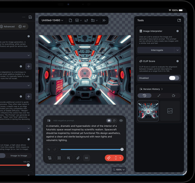 Vooraanzicht van iPad Pro, met op het display een fragment van een futuristisch ruimteschip dat wordt bewerkt met verschillende bewerkingstools en AI-functies, waaronder Image Interpreter en CLIP Score