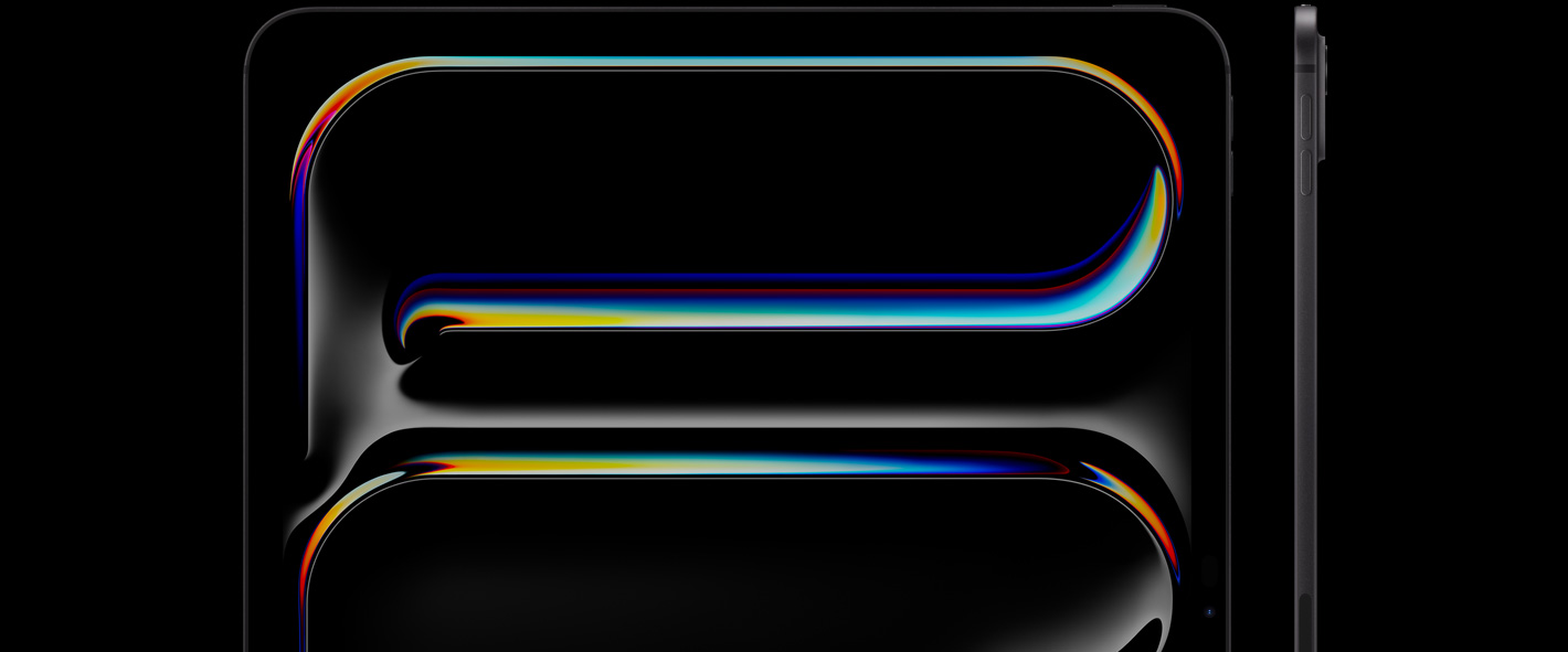 Vooraanzicht van iPad Pro in de verticale stand, kleur Spacezwart, afgeronde hoeken, zwarte rand rond display, op het display is een veelkleurige, golvende lijn te zien, rechts een zijaanzicht van iPad Pro in verticale stand, dun design, volumeknoppen, verhoogd pro-camerasysteem