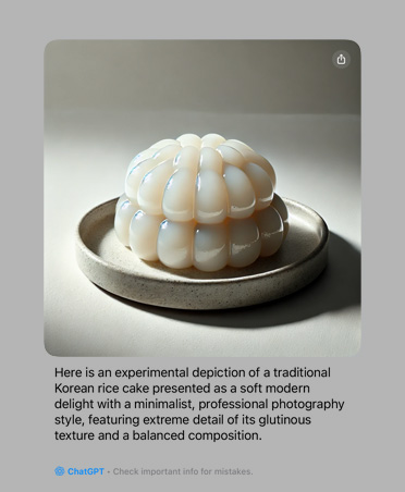 Afbeelding van een experimentele weergave van een traditionele Koreaanse rijstcake met een uitleg van de kenmerken van de foto, gegenereerd door Apple Intelligence met ChatGPT-integratie