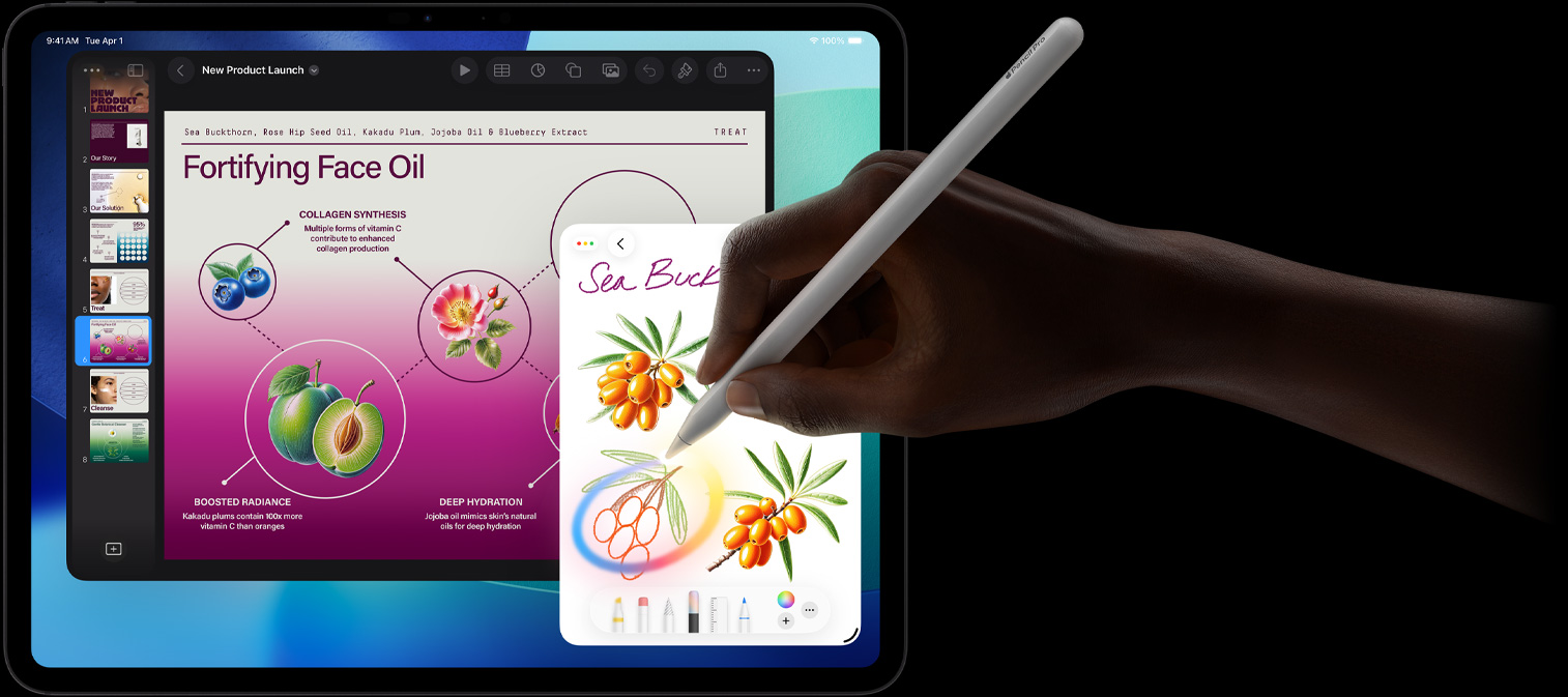 Vooraanzicht van iPad Pro, display met donkerblauwe en groene achtergrond met meerdere geopende apps, een hand houdt Apple Pencil Pro vast en tekent een schets met de Apple Intelligence-feature Beeldpenseel
