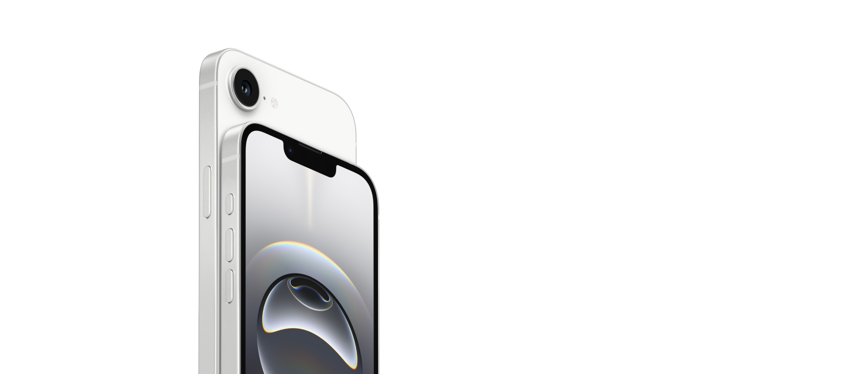 Vue partielle d’un iPhone 16e de face montrant l’écran Retina et dos d’un autre iPhone 16e mettant en valeur la caméra.