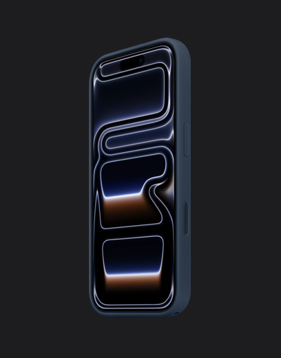 جهاز iPhone 17 Pro، الجزء الأمامي الخارجي، لون نيلي عميق، مع حافظة سيليكون، لون كحلي