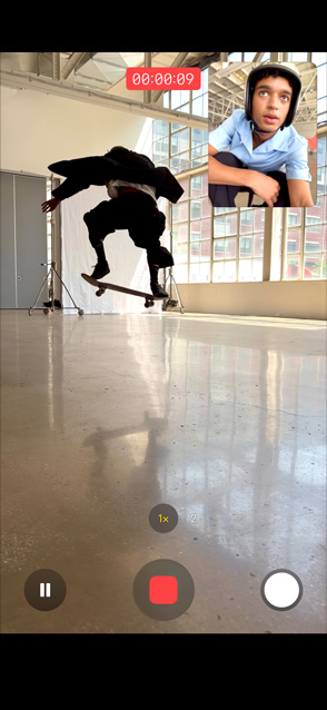 iPhone Air, front exterior, Dual Capture video feature in use with a person recording front and back video simultaneously