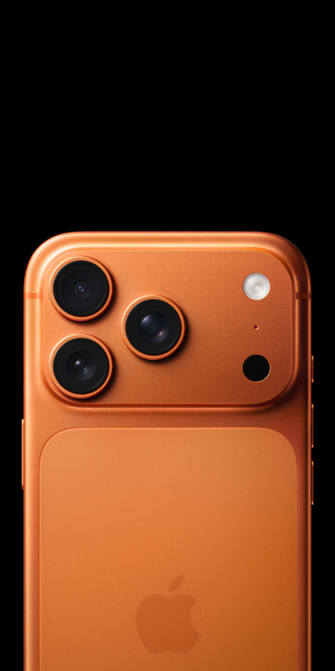 iPhone 17 Pro in cosmic orange finish, back exterior showcasing pro camera system, LiDAR flash and microphone