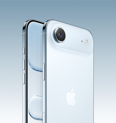 iPhone Air in Sky Blue finish, partial screen display and side angle shows Action button, volume button and side button. Back exterior shows advanced dual-camera system in top left corner.