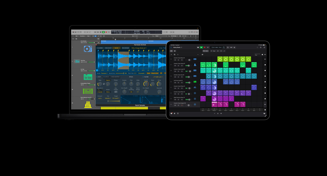 MacBook Pro 16 screen showing quick sampler module, vinyl sample, audio wave forms and controls, iPad Pro 13 screen showing beat-making tools, colorful grid of live loops and phrases