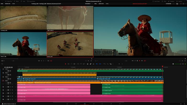 Un Studio Display et un Mac Studio avec un workflow de montage vidéo multicam dans DaVinci Resolve Studio