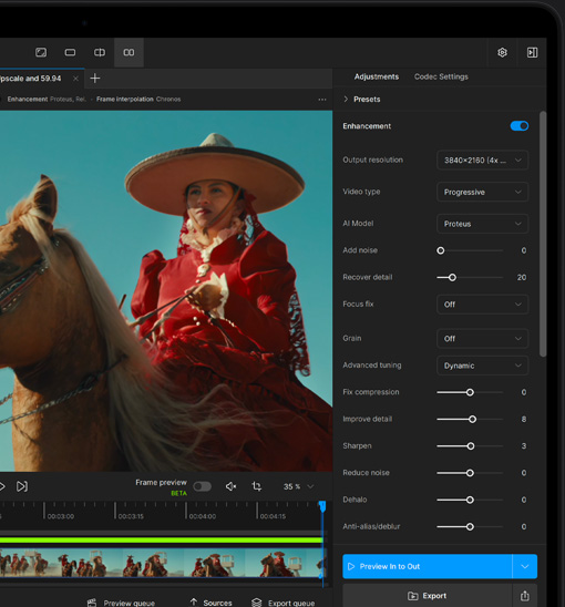 Écran d’un MacBook Pro montrant l’amélioration d’une vidéo avec l’IA dans Topaz Video