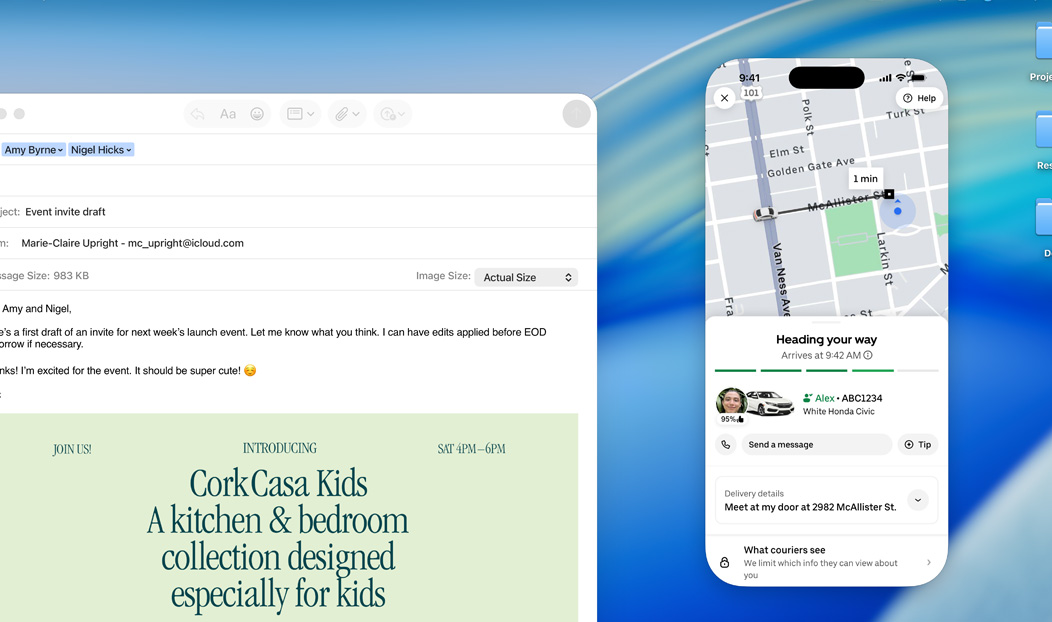 MacBook Pro, app Mail abierta, la pantalla de un iPhone duplicada en la pantalla del MacBook Pro muestra que está llegando un pedido de Uber Eats