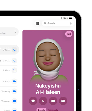 iPad, front right of screen showing a contact card in the Phone app open with options to Message, Call, and more