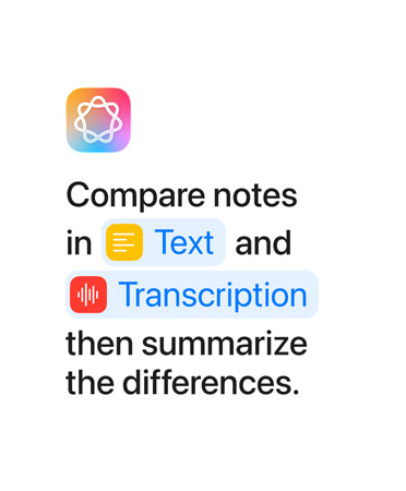 Compare les notes prises dans Texte et Transcription, puis résume les différences,  les mots « Texte » et « Transcription » s’affichent en bleu, comme ils apparaîtraient dans l’app Raccourcis