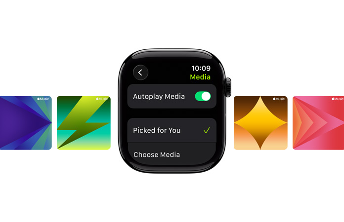 畫面中央展示未有配襯錶帶的亮黑色 Apple Watch，錶面顯示「Picked for You」和「Choose Media」。頂部綠色文字顯示「Outdoor Cycle」，背景是不同的自訂 Apple Music 背景圖片