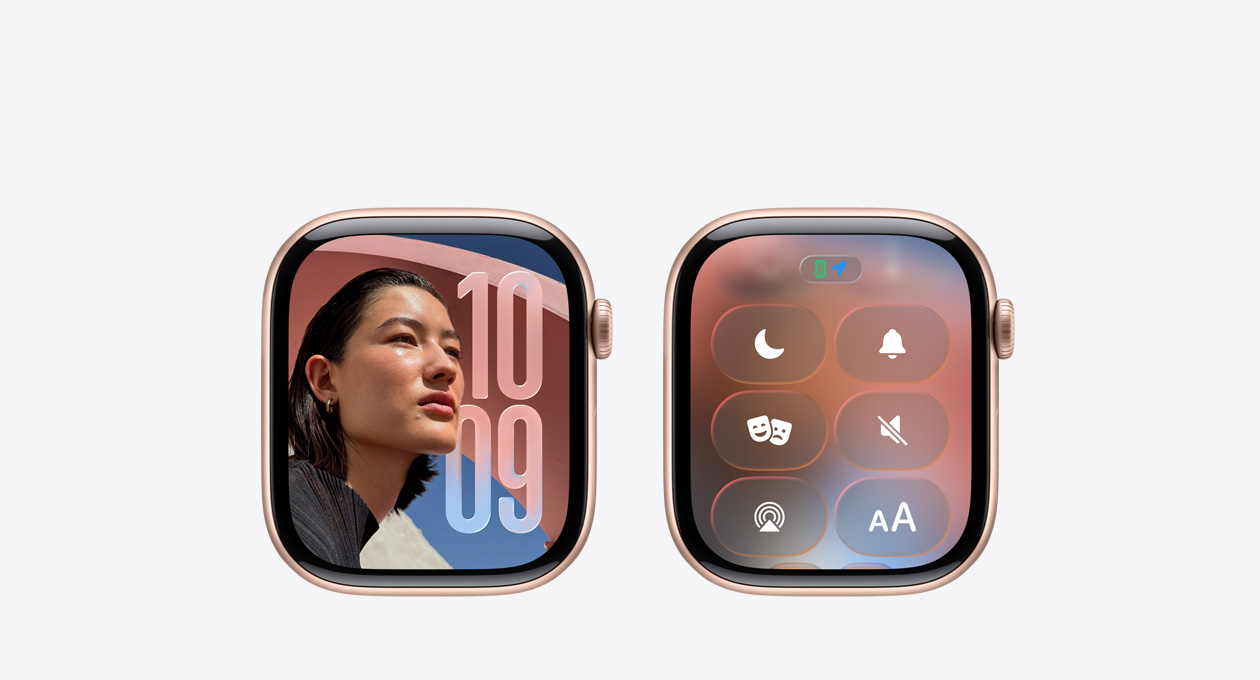 未有配襯錶帶的玫瑰金色 Apple Watch，錶面的時鐘 app 展示 watchOS 26 全新的 Liquid Glass 設計