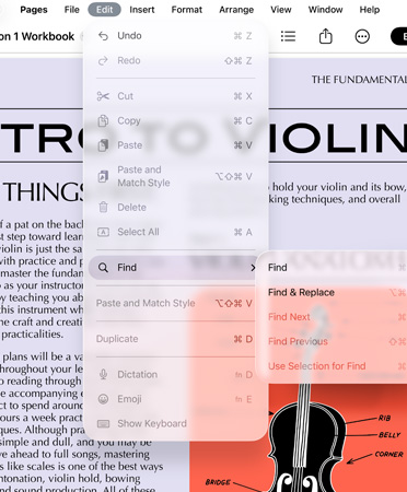Close-up of menu bar with options for Undo, Redo, Cut, Copy, Paste and more