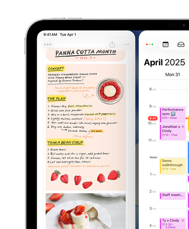 iPad, landscape orientation, top left screen shows Notes app and Calendar arranged side by side, as example of window tiling