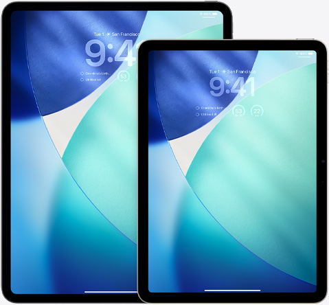 iPad and iPad Air, side by side, iPad Air in front overlapping iPad, portrait orientation, Lock Screen shows time in translucent Liquid Glass