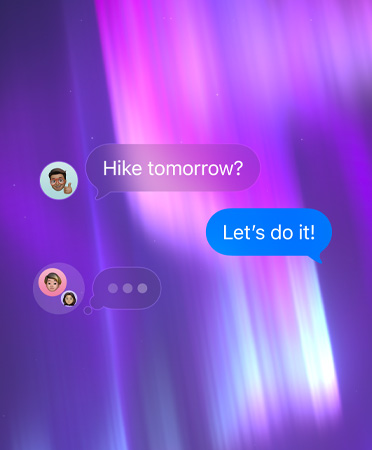 Group chat in Messages, set against a pink, purple and blue abstract background