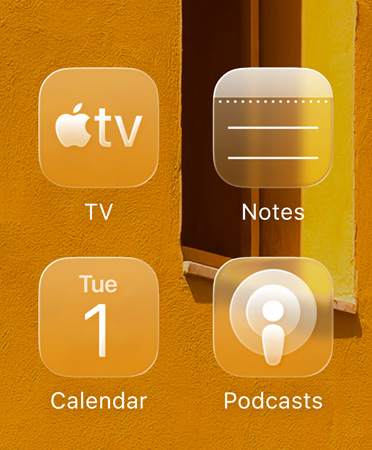 Grid of four translucent app icons, the Apple TV app, Notes, Calendar and Podcasts, refract the background