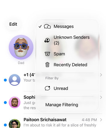 Messages app showing new screening tools feature that now filters unknown numbers into a section called Unknown Senders