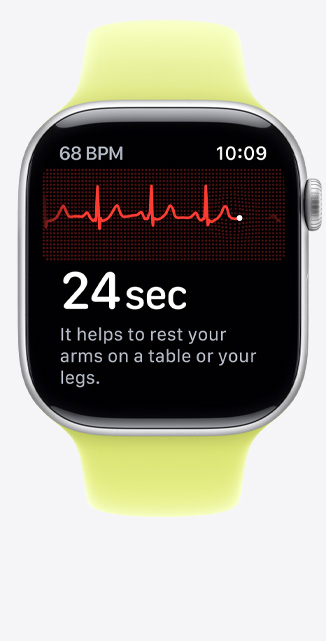 Apple Watch Series 11, aluminum case, silver color, ECG app, beats per minute in top-left corner, centered rhythm line and timer, Sport Band, neon yellow color
