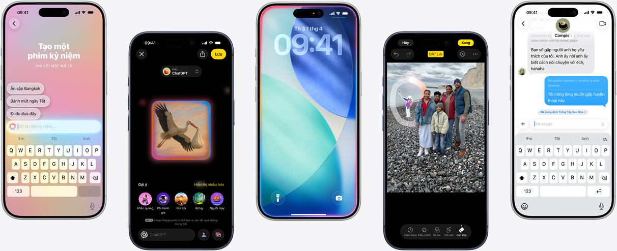 Five iPhone devices showing Apple Intelligence features: creating a Memory Movie, generating artwork in Image Playground, the iOS Lock Screen with inner glow.