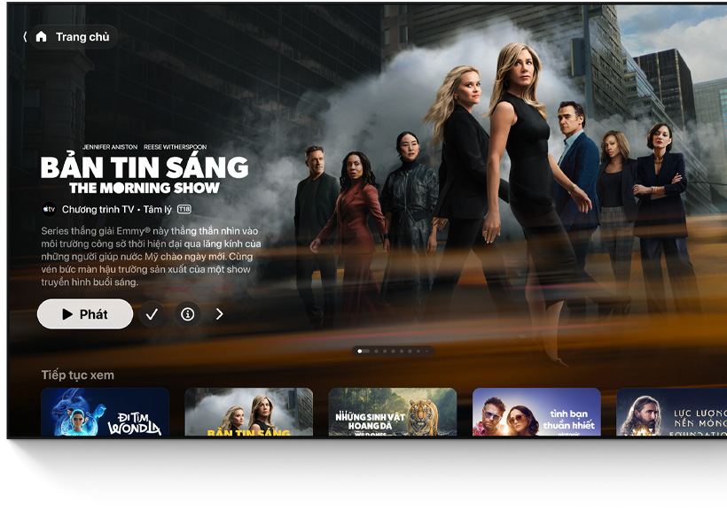 Một TV màn hình phẳng hiển thị giao diện màn hình chính của ứng dụng Apple TV