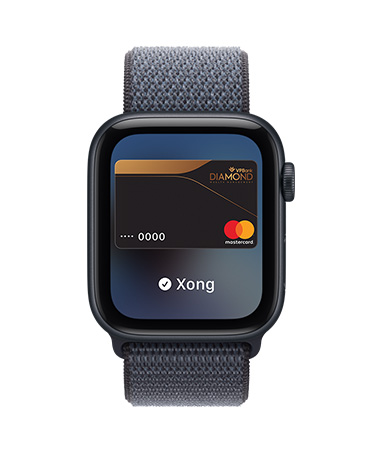 Apple Watch SE 3, vỏ nhôm, màu đêm xanh thẳm, Apple Pay trong Ví Apple, mặt ngoài bên phải, Digital Crown, dây đeo, Dây Quấn Thể Thao, màu xanh mỏ neo