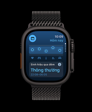 Apple Watch Ultra 3, black color, titanium case, Vitals app, chart scoring health, Overnight Vitals outliers notification, band, black Milanese Loop