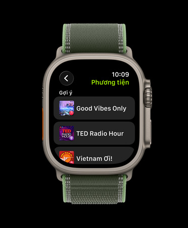 Apple Watch Ultra 3, titanium case, natural color, Apple Music, music and podcast suggestions, Trail Loop, green/neon color