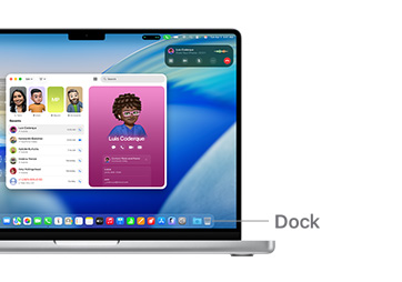 Hướng dẫn điều hướng trên macOS trên MacBook Pro 14" với các đường thể hiện vị trí của Dock.